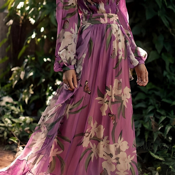 Heidi | Dame Komfortabel Blomstret V-Hals Maxi Kjole - Freya Kobenhavn