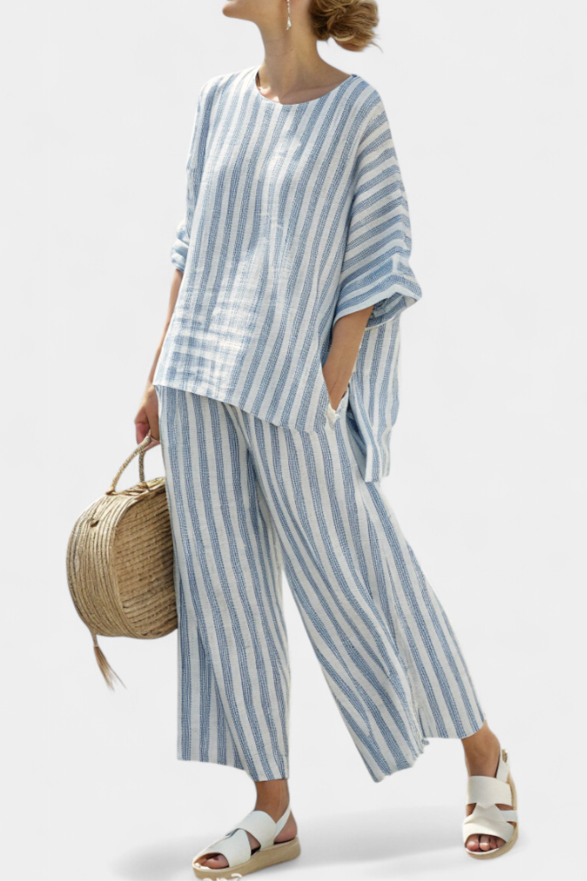 Rensleigh | Sophisticated Blue Striped Linen Top & Relaxed Pants - Freya Kobenhavn