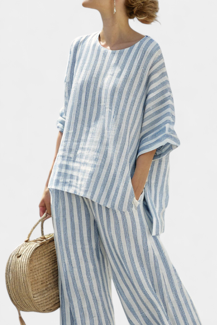 Rensleigh | Sophisticated Blue Striped Linen Top & Relaxed Pants - Freya Kobenhavn