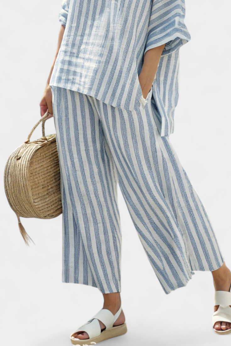 Rensleigh | Sophisticated Blue Striped Linen Top & Relaxed Pants - Freya Kobenhavn