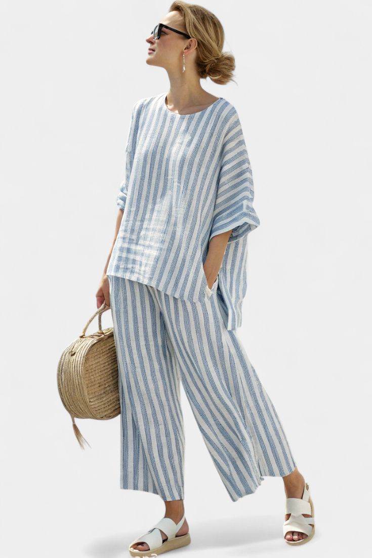 Rensleigh | Sophisticated Blue Striped Linen Top & Relaxed Pants - Freya Kobenhavn