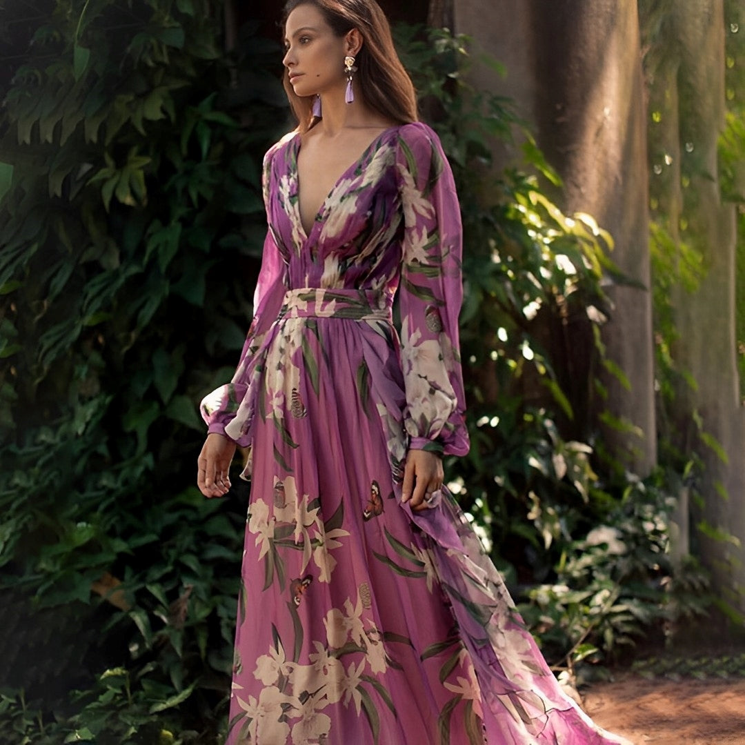 Heidi | Dame Komfortabel Blomstret V-Hals Maxi Kjole - Freya Kobenhavn