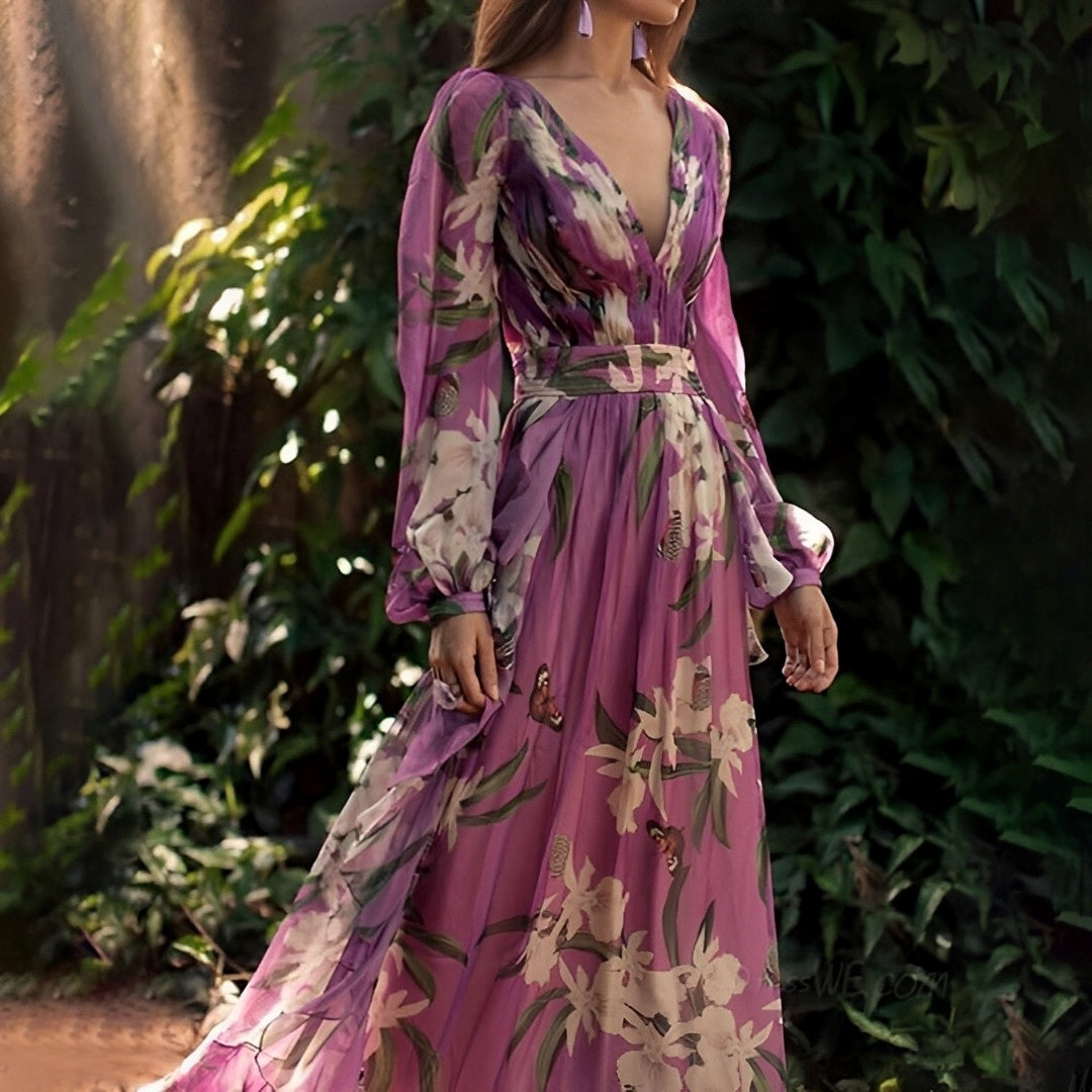 Heidi | Dame Komfortabel Blomstret V-Hals Maxi Kjole - Freya Kobenhavn
