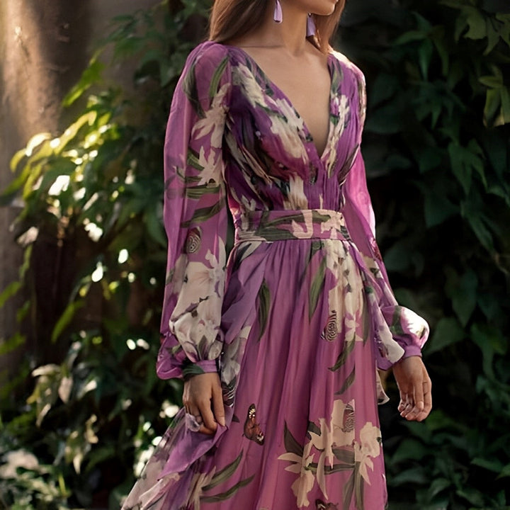 Heidi | Dame Komfortabel Blomstret V-Hals Maxi Kjole - Freya Kobenhavn