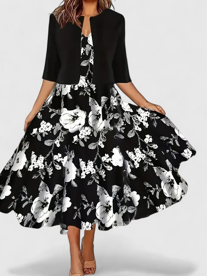 A-Line Midi Kjole Blomsterprint 3/4 Ærmer Lejligheds Kjole