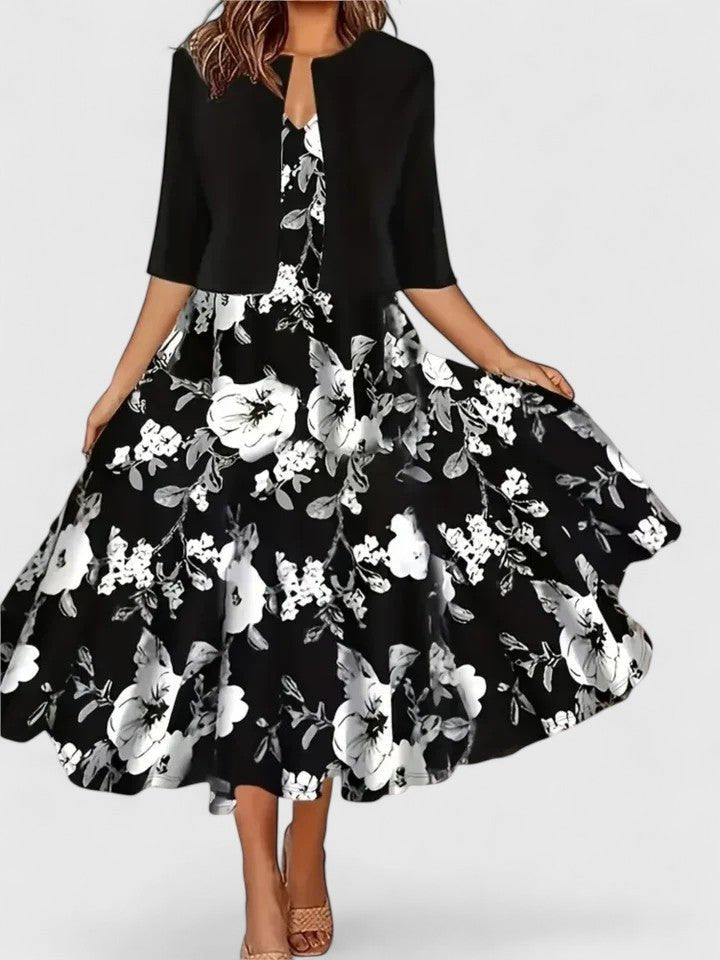 A-Line Midi Kjole Blomsterprint 3/4 Ærmer Lejligheds Kjole - Black
