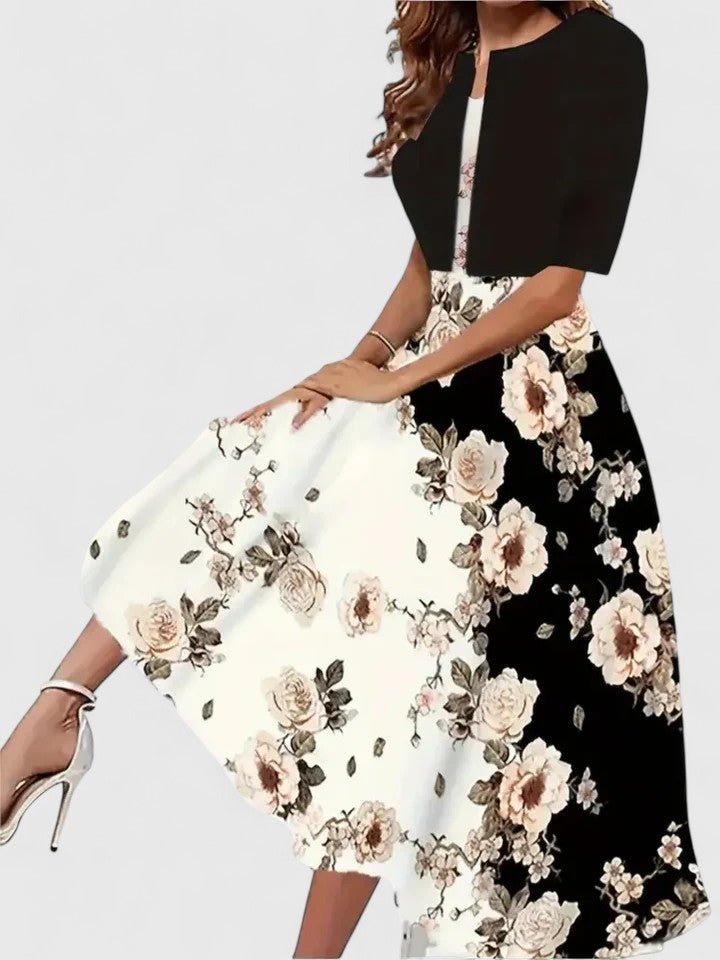 A-Line Midi Kjole Blomsterprint 3/4 Ærmer Lejligheds Kjole - Black-Floral