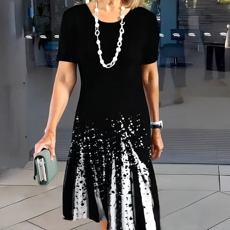 A-Line Midi Kjole Korte Ærmer Print Casual - Black