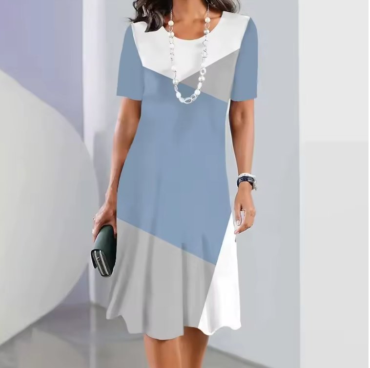 A-Line Midi Kjole Korte Ærmer Print Casual - Blue