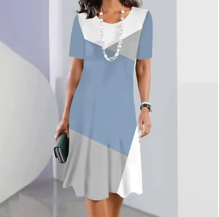A-Line Midi Kjole Korte Ærmer Print Casual - Blue