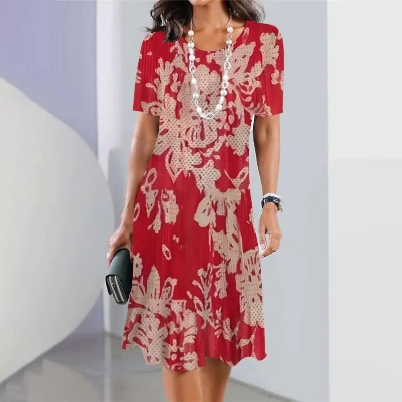 A-Line Midi Kjole Korte Ærmer Print Casual - Red