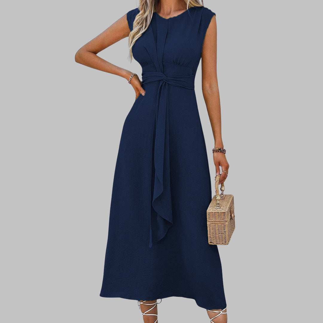 A-Line Midi Kjole Ærmeløs med Bindebånd Rund Hals - Dark Blue