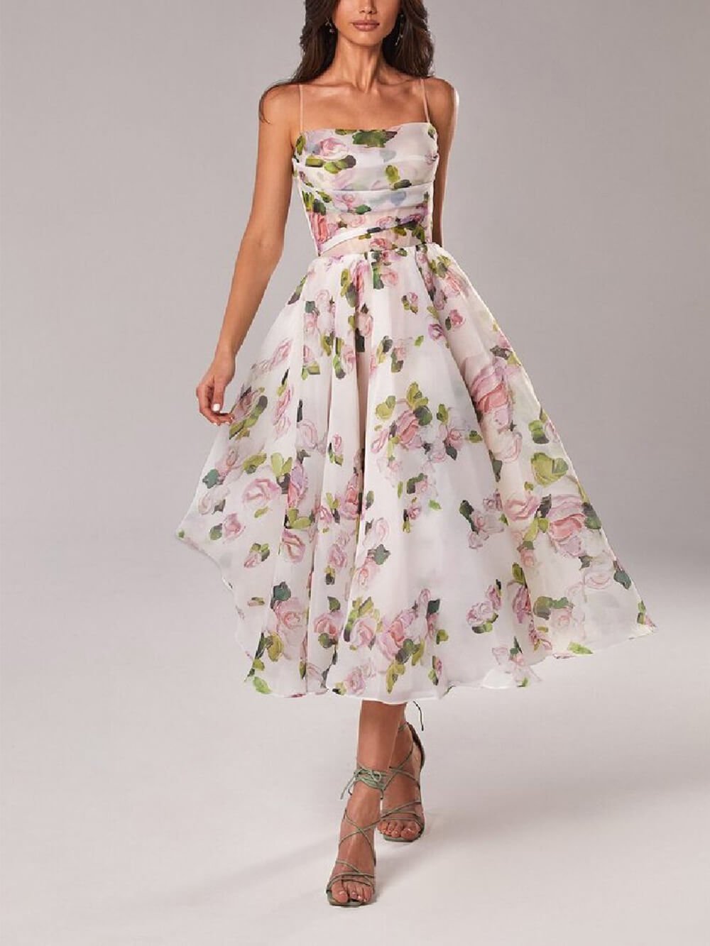 A-Line Midi Kjole Spaghetti Stropper Blomsterprint - Pink
