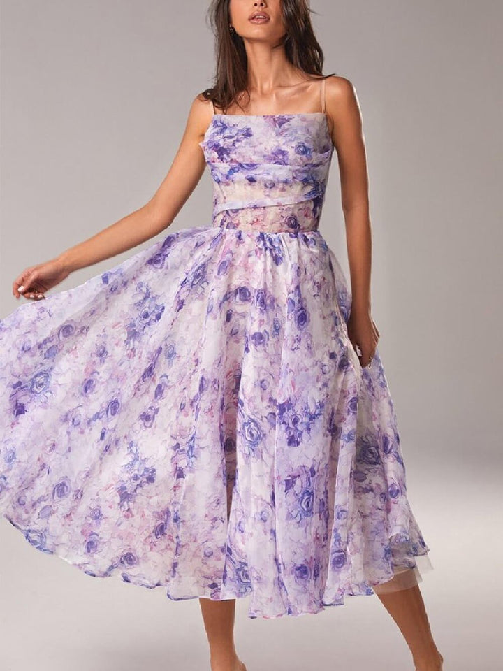A-Line Midi Kjole Spaghetti Stropper Blomsterprint - Purple
