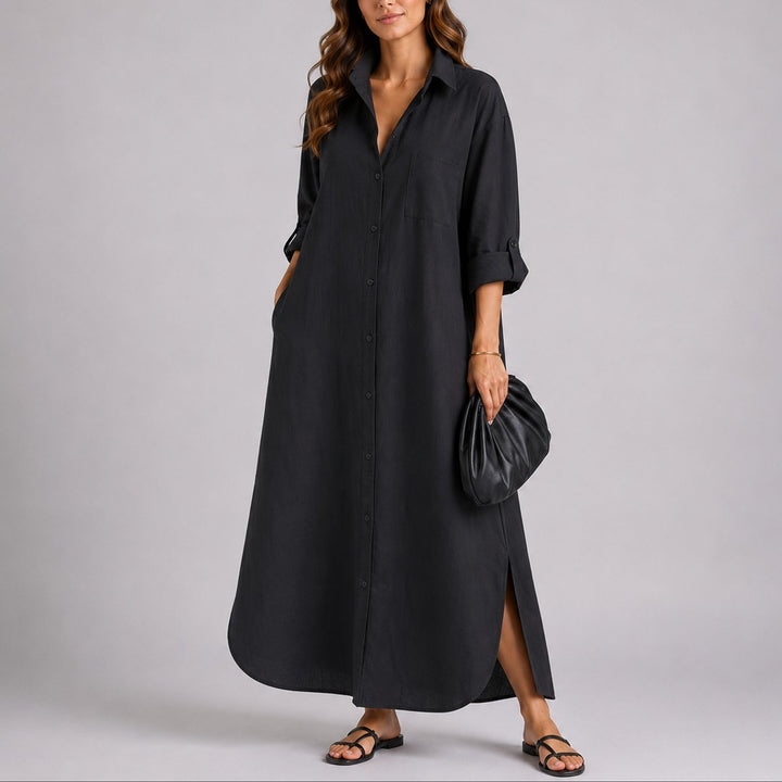 Afslappet Hør Skjortekjole til Efterårsbrudegæster Maxi - Sort