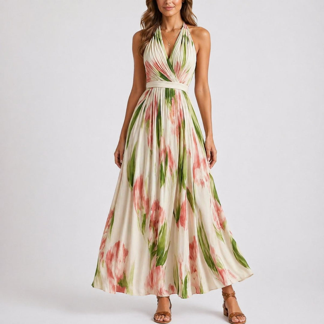 Blomstret Halterneck Maxi Brudegæstekjole Vandfarve Print - Blomstret