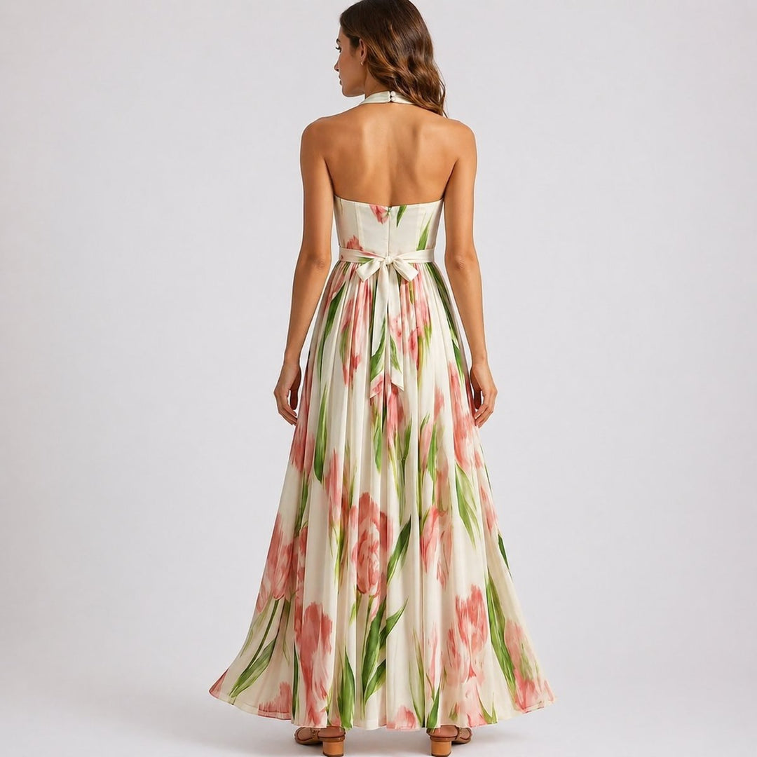 Blomstret Halterneck Maxi Brudegæstekjole Vandfarve Print