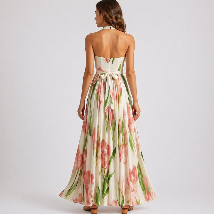 Blomstret Halterneck Maxi Brudegæstekjole Vandfarve Print