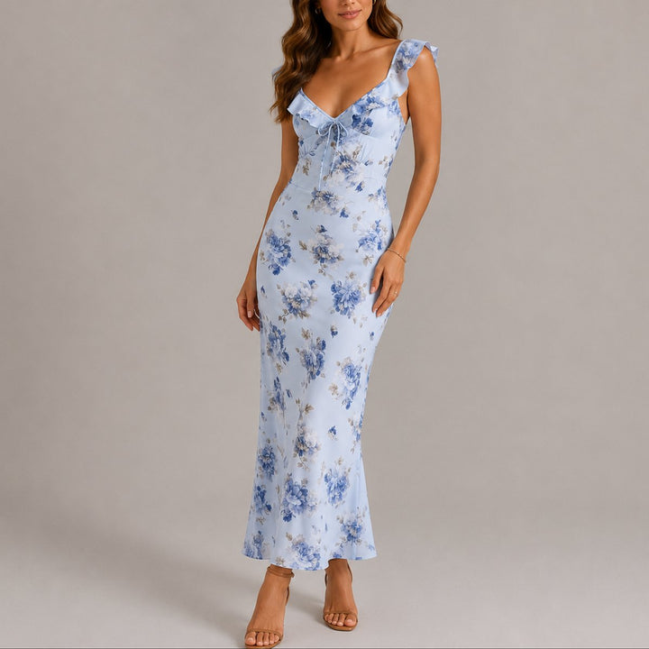 Blomstret Maxi Brudegæstekjole Frill-Stropper Sommer Maxikjole - Blå