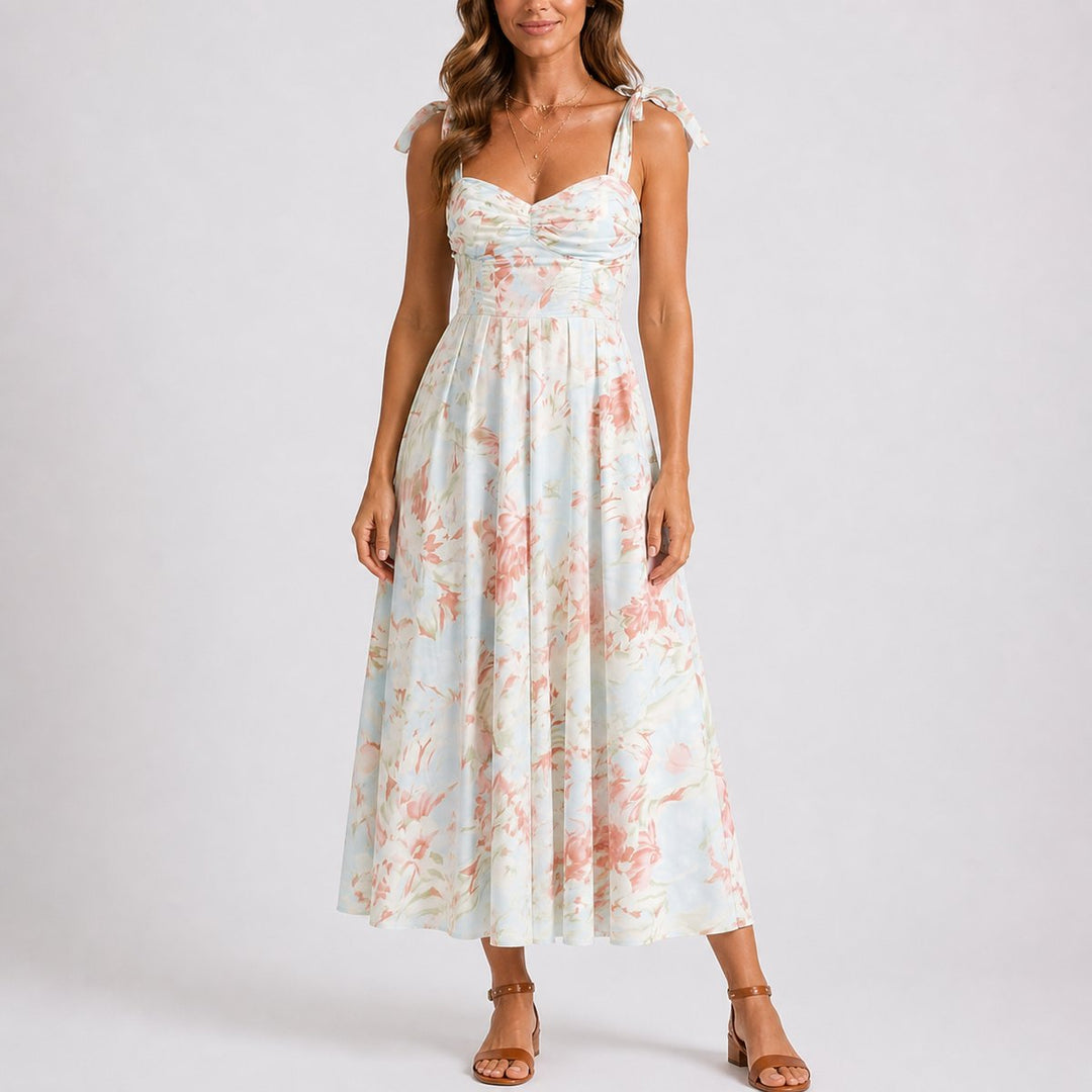 Blomstret Midi Kjole til Bryllupsgæster Ruched Bodice Slyngede Stropper - Blomstret