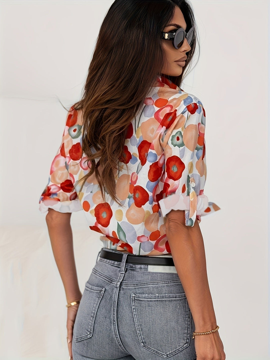 Bluse Blomsterprint Langærmet Knap Oversized