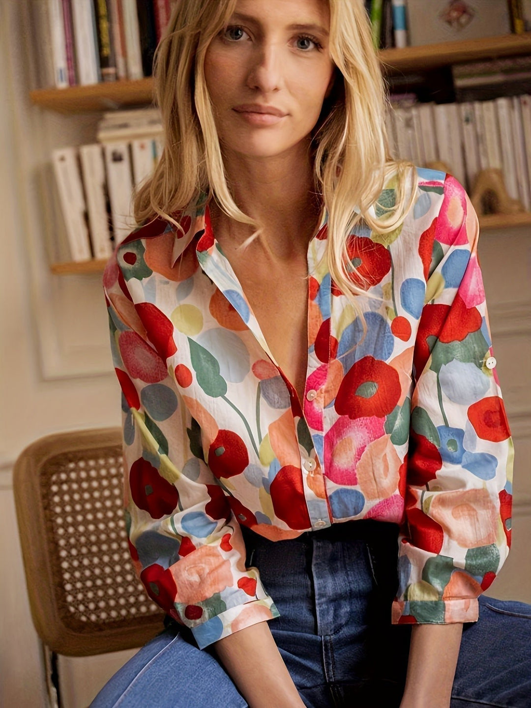 Bluse Blomsterprint Langærmet Knap Oversized