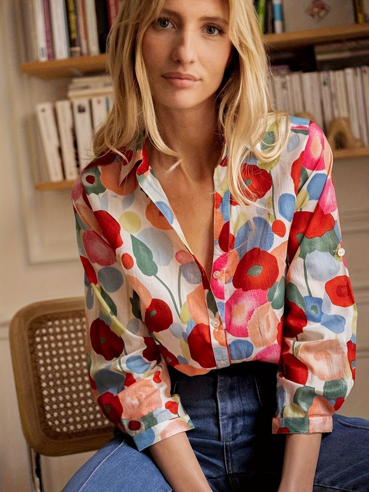 Bluse Blomsterprint Langærmet Knap Oversized