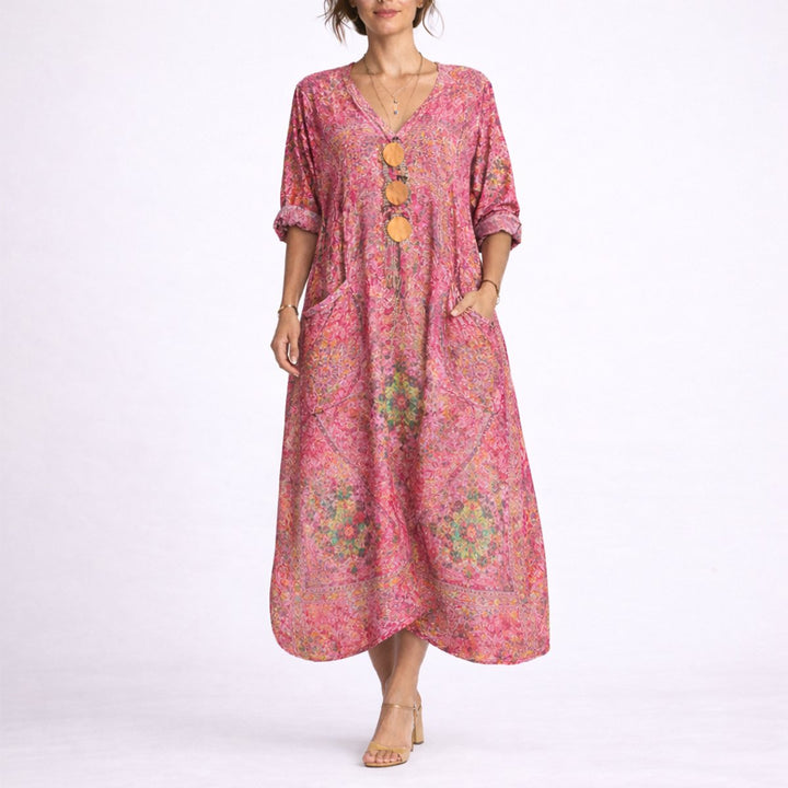 Bohemeprint Maxi Kaftan Kjole til Bryllupsgæster om Efteråret - Rød