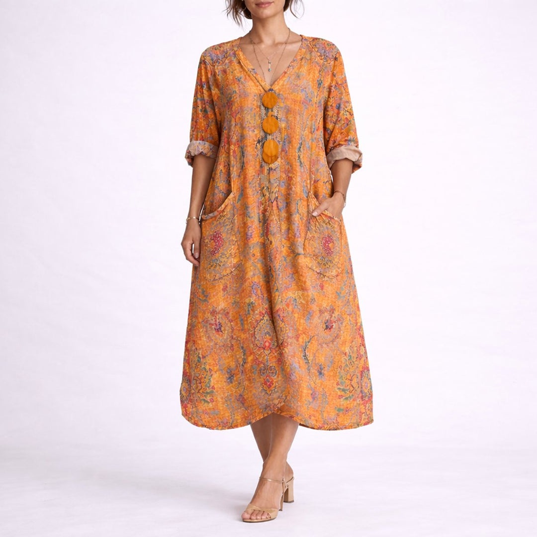Bohemeprint Maxi Kaftan Kjole til Bryllupsgæster om Efteråret - Orange