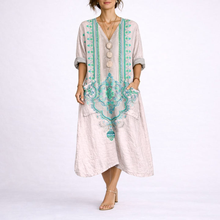 Bohemeprint Maxi Kaftan Kjole til Bryllupsgæster om Efteråret - Lyserød og Grøn