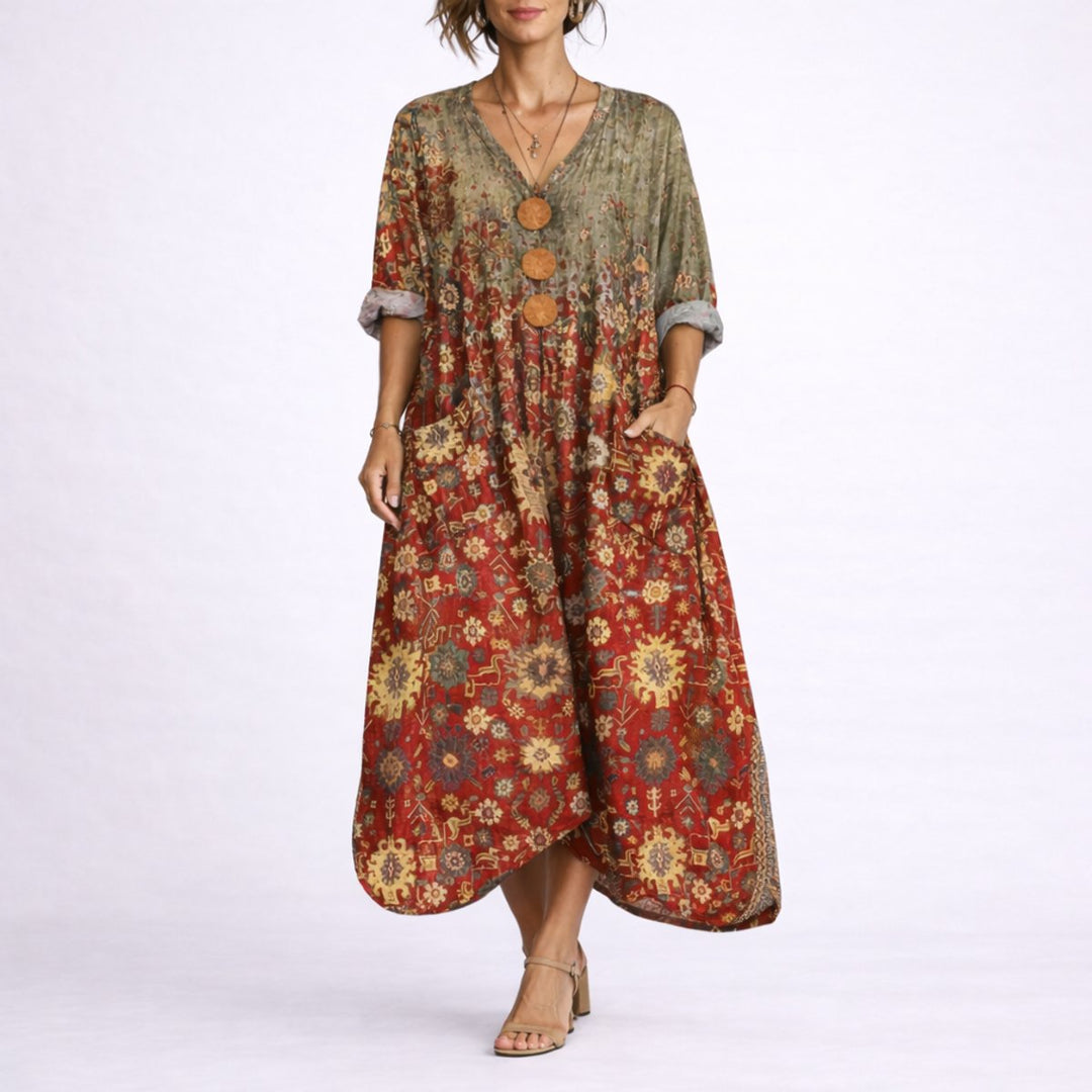 Bohemeprint Maxi Kaftan Kjole til Bryllupsgæster om Efteråret - Rød Løber