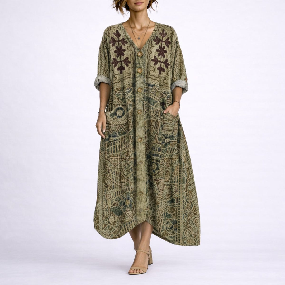Bohemeprint Maxi Kaftan Kjole til Bryllupsgæster om Efteråret - Grøn