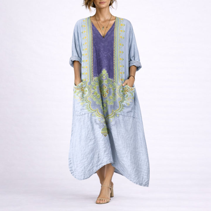 Bohemeprint Maxi Kaftan Kjole til Bryllupsgæster om Efteråret - Blå og Lilla