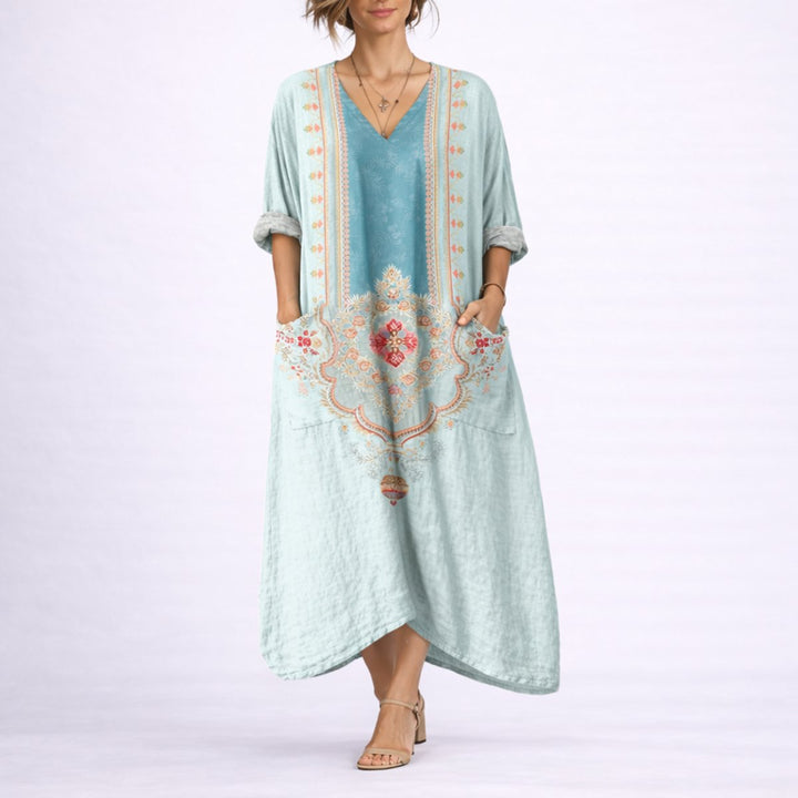 Bohemeprint Maxi Kaftan Kjole til Bryllupsgæster om Efteråret - Grøn og Blå