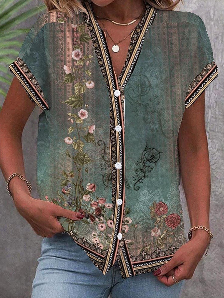Bohemisk Bluse V-Hals Blomsterprint Let Korte Ærmer