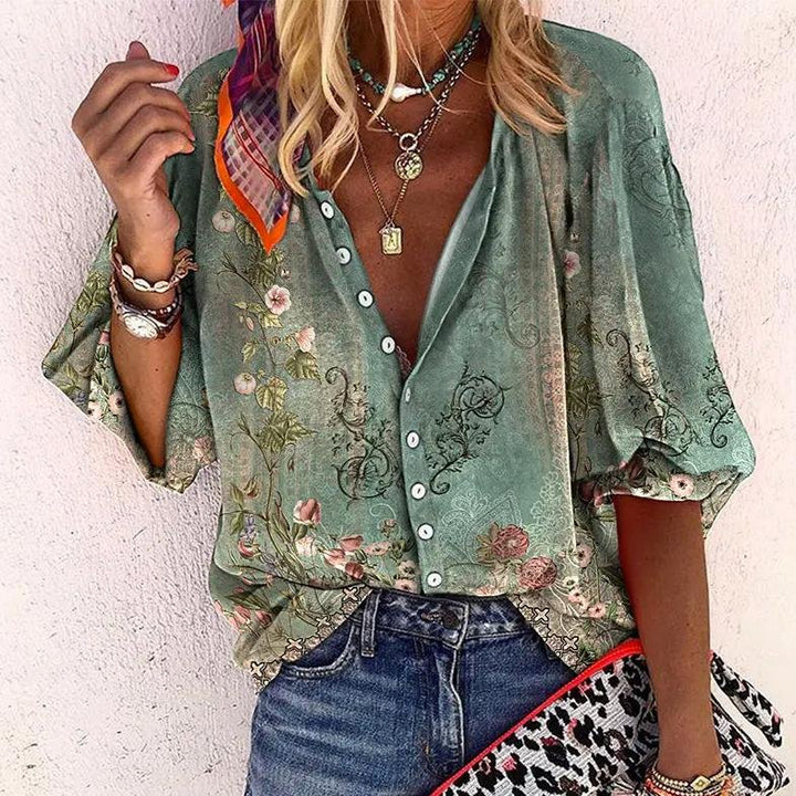 Boho Bluse V-Hals Langærmet Blomsterprint - Green