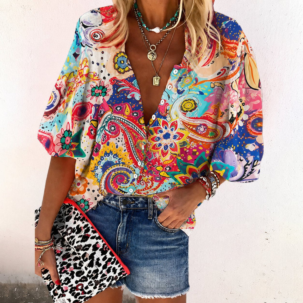 Boho Bluse V-Hals Langærmet Blomsterprint - Pink