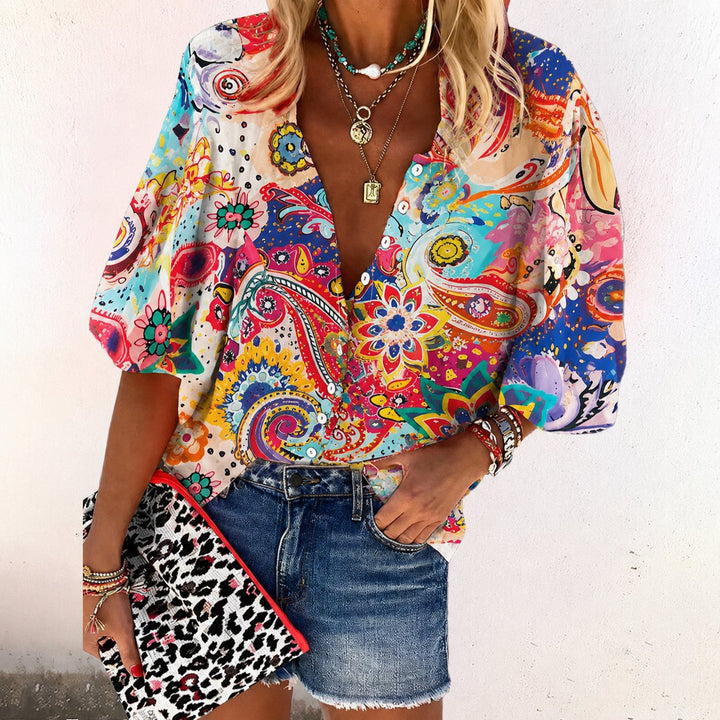 Boho Bluse V-Hals Langærmet Blomsterprint - Pink