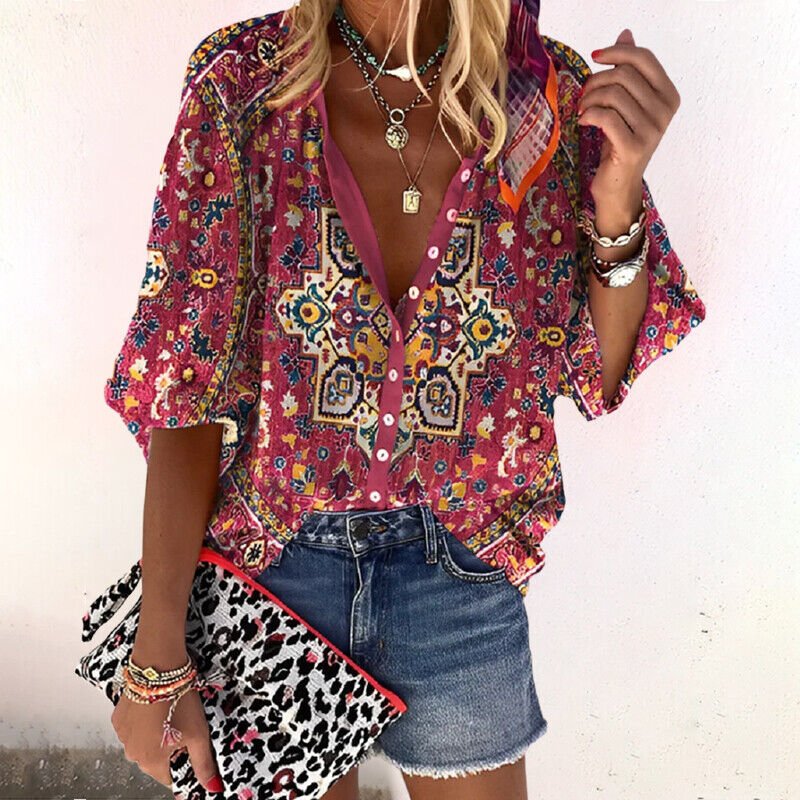 Boho Bluse V-Hals Langærmet Blomsterprint - Red
