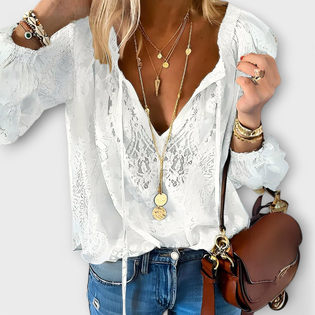 Boho Bluse V-Udskæring Blonde Lange Ærmer Dame - White