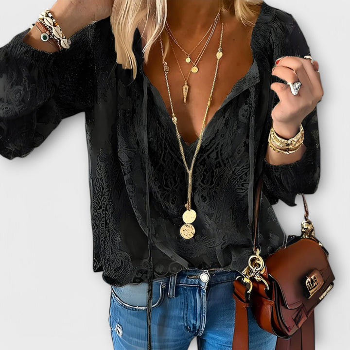 Boho Bluse V-Udskæring Blonde Lange Ærmer Dame - Black