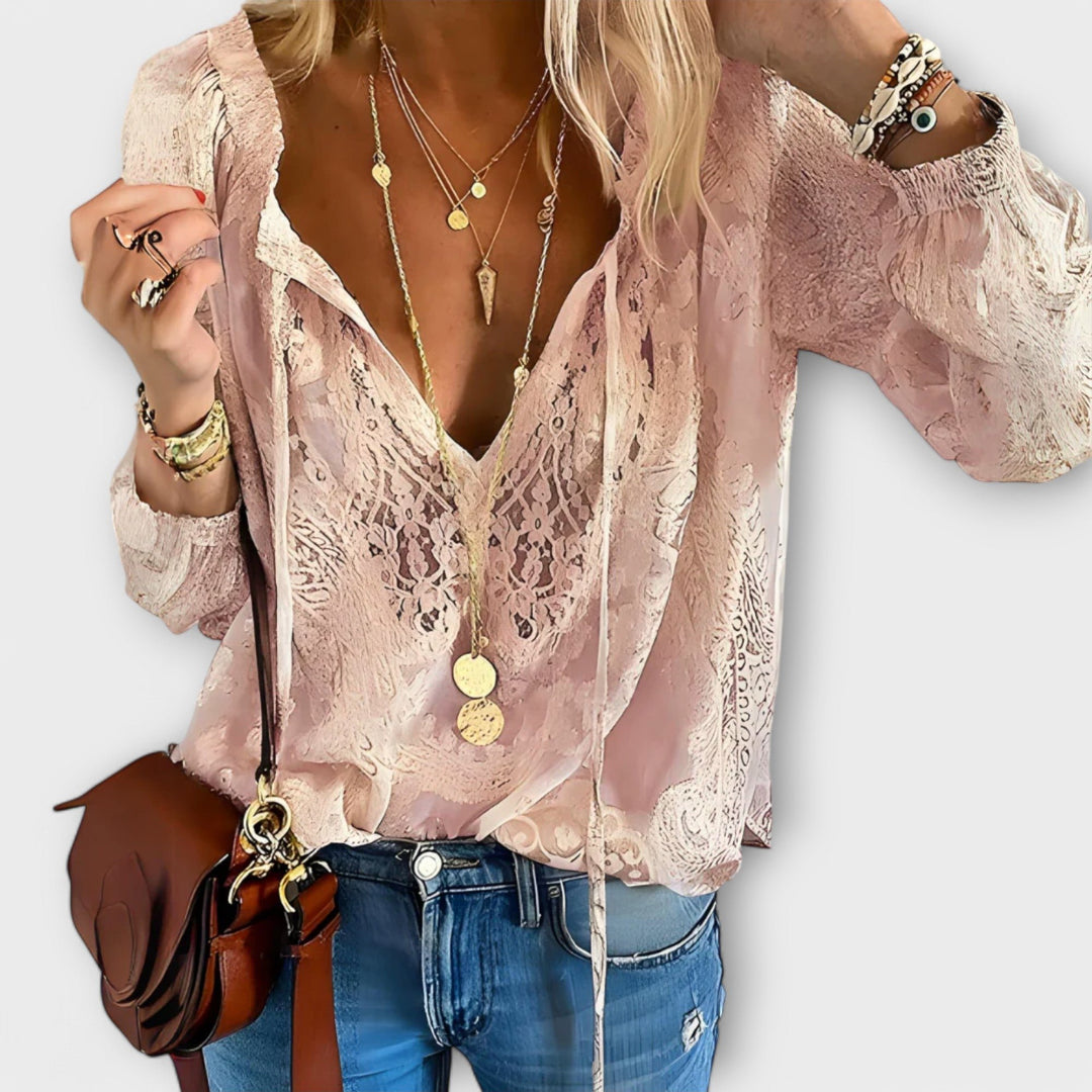 Boho Bluse V-Udskæring Blonde Lange Ærmer Dame - Pink