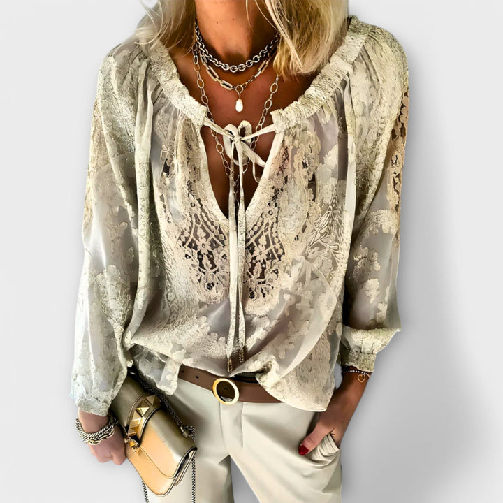 Boho Bluse V-Udskæring Blonde Lange Ærmer Dame