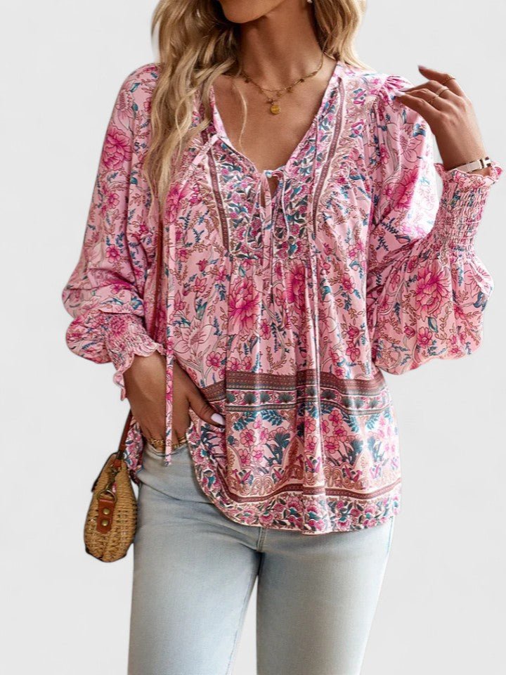 Boho Bluse V-Udskæring Pufærmer Blomsterprint - Pink