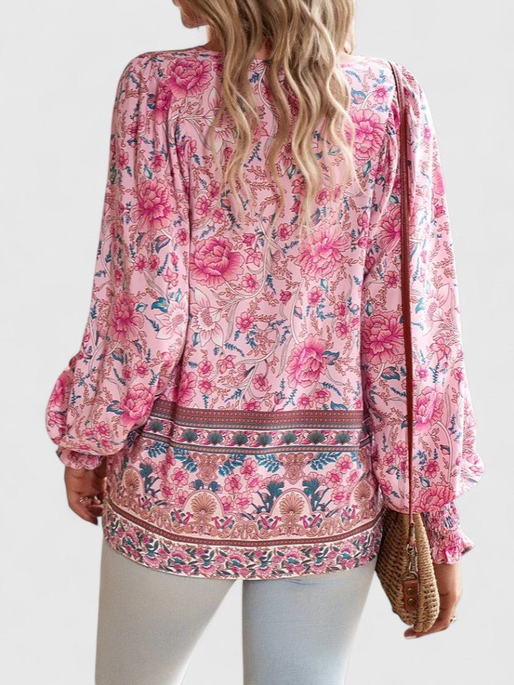 Boho Bluse V-Udskæring Pufærmer Blomsterprint