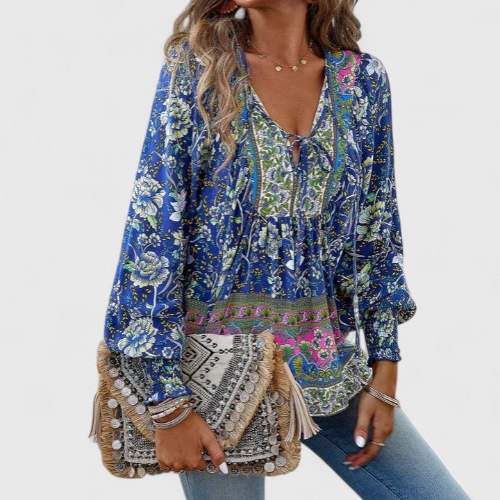 Boho Bluse V-Udskæring Pufærmer Blomsterprint - Navy Blue