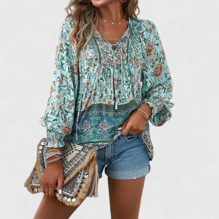 Boho Bluse V-Udskæring Pufærmer Blomsterprint