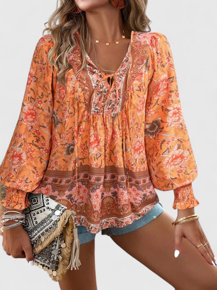 Boho Bluse V-Udskæring Pufærmer Blomsterprint - Orange