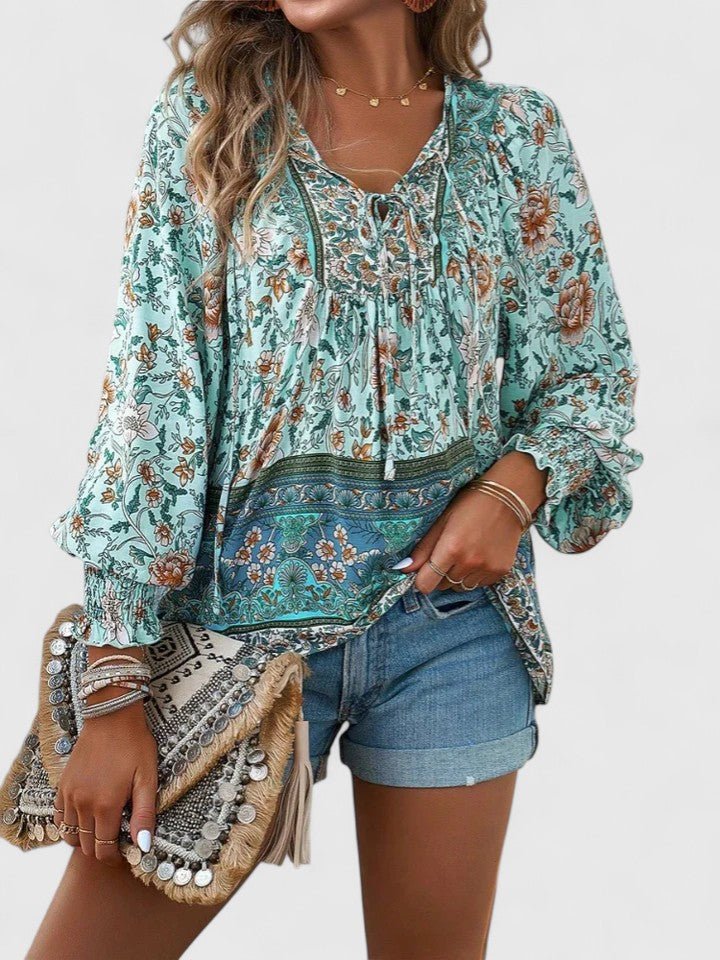 Boho Bluse V-Udskæring Pufærmer Blomsterprint - Blue