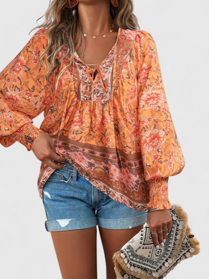 Boho Bluse V-Udskæring Pufærmer Blomsterprint